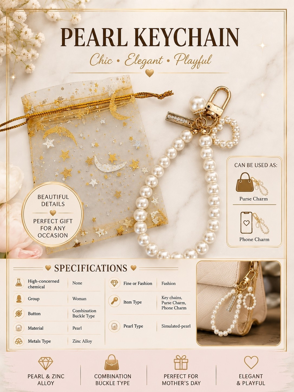 Simulated Pearl Loop Keychain Charm in White with Gold Hardware